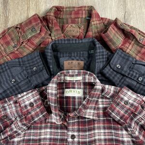 Lot Of 3 Orvis Heavy Flannel Short Jackets Button Up Plaid Pockets Men’s Medium